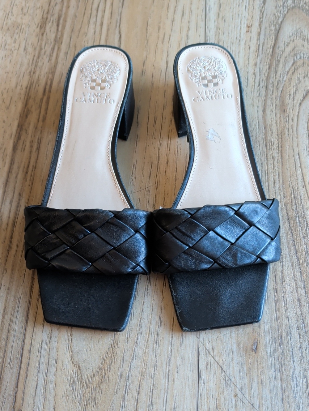 Vince Camuto Semtera Black Leather Woven Braided Block Heel Slide Sandals Us 9